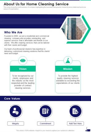 Home Cleaning Service Proposal About Us One Pager Sample Example Document