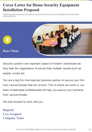 Home Security Equipement Instalaltion Cover Letter For One Pager Sample Example Document