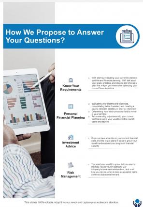 How We Propose To Answer Your Questions Investment Advice Proposal One Pager Sample Example Document