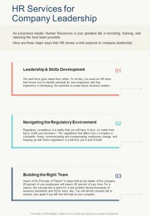 HR Services For Company Leadership One Pager Sample Example Document