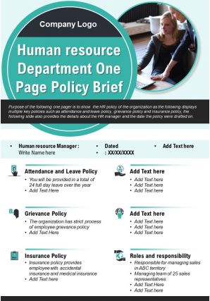 Human resource department one page policy brief presentation report infographic ppt pdf document