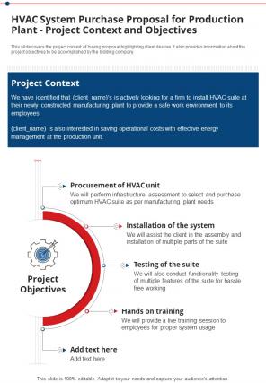 Hvac System Purchase For Production Plant Project Context And Objectives One Pager Sample Example Document