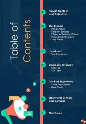 Influencer Marketing Table Of Contents One Pager Sample Example Document