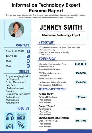 Information technology expert resume report presentation report infographic ppt pdf document