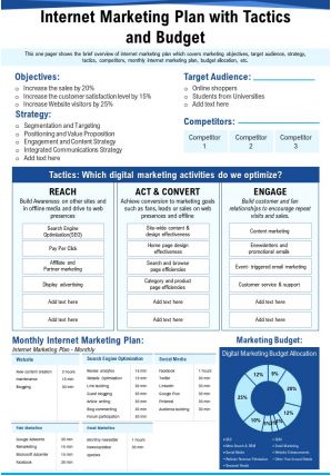 Internet marketing plan with tactics and budget presentation report ppt pdf document