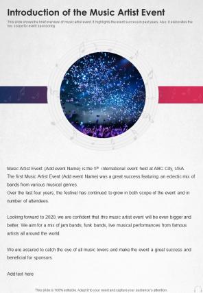 Introduction Of The Music Artist Event One Pager Sample Example Document