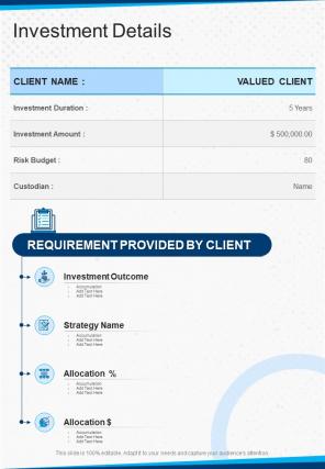 Investment Details Wealth Advisory Proposal One Pager Sample Example Document