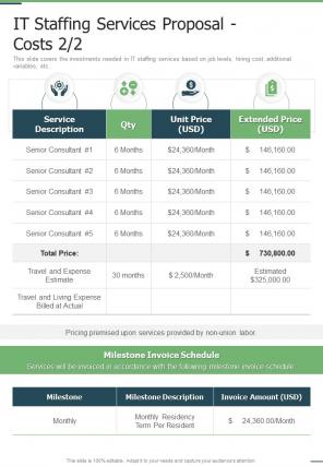 IT Staffing Services Proposal Costs One Pager Sample Example Document