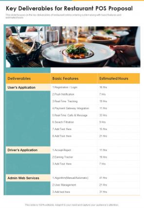 Key Deliverables For Restaurant POS Proposal One Pager Sample Example Document