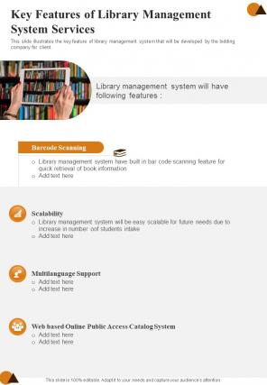 Key Features Of Library Management System Services One Pager Sample Example Document