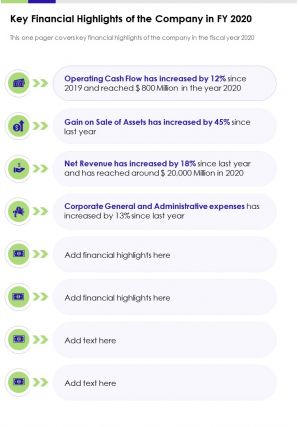 Key financial highlights of the company in fy 2020 presentation report infographic ppt pdf document