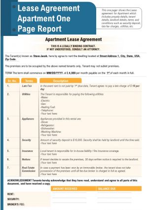 Lease agreement apartment one page report presentation report infographic ppt pdf document