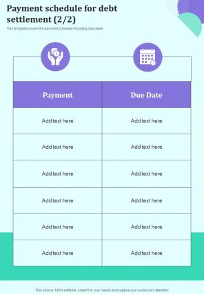 Lenders To Consider Loan Payment Schedule For Debt Settlement One Pager Sample Example Document Aesthatic Designed