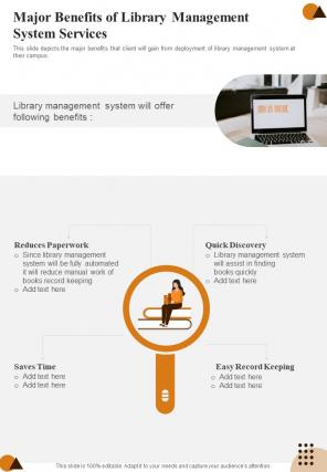 Major Benefits Of Library Management System Services One Pager Sample Example Document