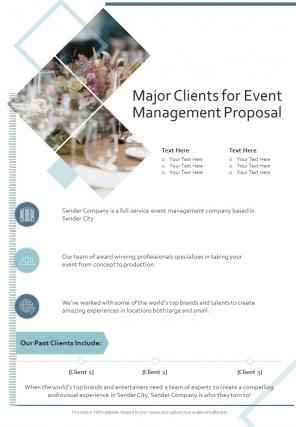 Major Clients For Event Management Proposal One Pager Sample Example Document