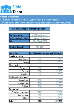 Marketing Budget Excel Spreadsheet Worksheet Xlcsv XL Bundle Visual Colorful