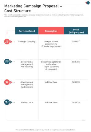 Marketing Campaign Proposal Cost Structure One Pager Sample Example Document
