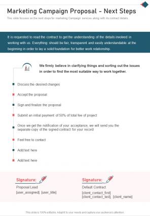 Marketing Campaign Proposal Next Steps One Pager Sample Example Document