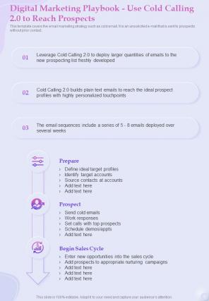 Marketing Playbook Use Cold Calling 2 0 To Reach Prospects One Pager Sample Example Document