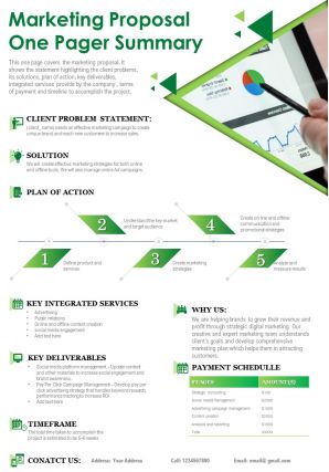 Marketing proposal one pager summary presentation report infographic ppt pdf document