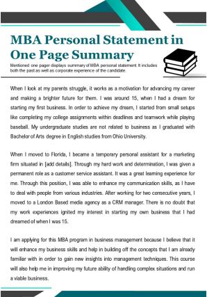 MBA Personal Statement In One Page Summary Presentation Report ...