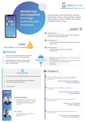 Mobile app development one page summary for investors document ppt pdf doc printable