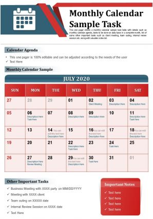 Monthly Calendar Sample Task Presentation Report Infographic PPT PDF ...