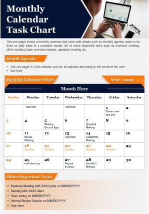 Monthly calendar task chart presentation report infographic ppt pdf document