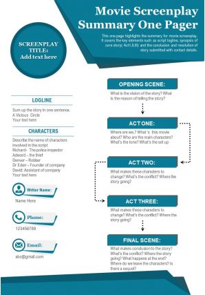 Movie screenplay summary one pager presentation report infographic ppt pdf document