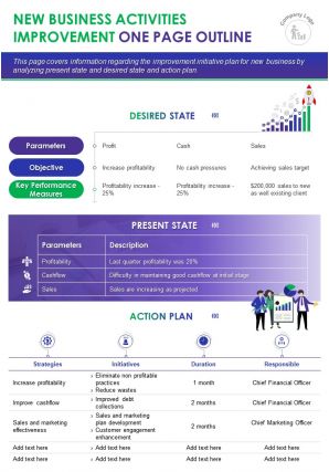 New business activities improvement one page outline presentation report infographic ppt pdf document