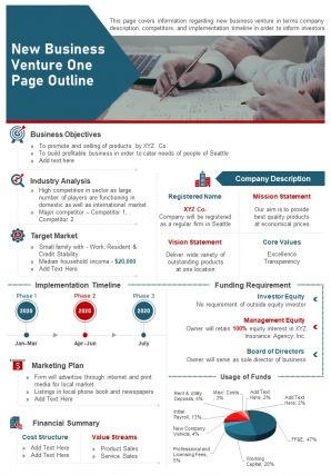 New business venture one page outline presentation report infographic ppt pdf document