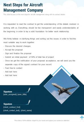 Next Steps For Aircraft Management Company One Pager Sample Example Document