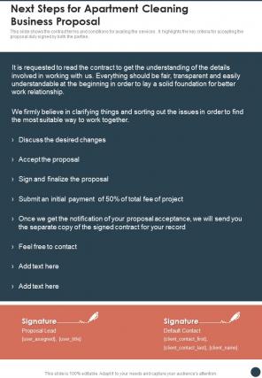 Next Steps For Apartment Cleaning Business Proposal One Pager Sample Example Document