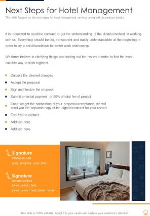 Next Steps For Hotel Management One Pager Sample Example Document