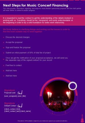 Next Steps For Music Concert Financing One Pager Sample Example Document