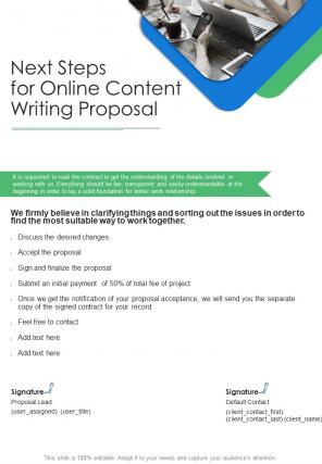Next Steps For Online Content Writing Proposal One Pager Sample Example Document