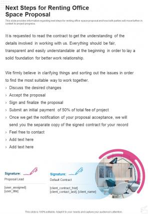 Next Steps For Renting Office Space Proposal One Pager Sample Example Document