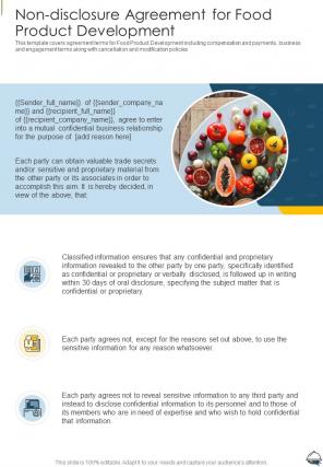 Non Disclosure Agreement For Food Product Development One Pager Sample Example Document
