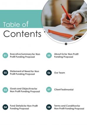 Non Profit Funding Proposal Table Of Contents One Pager Sample Example Document