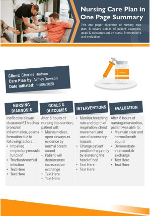 Nursing care plan in one page summary presentation report infographic ppt pdf document