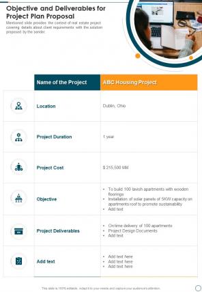 Objective And Deliverables For Project Plan Proposal One Pager Sample Example Document