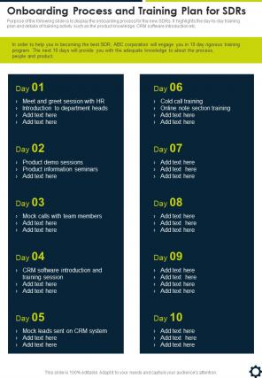 Onboarding Process And Training Plan For Sdrs One Pager Sample Example Document