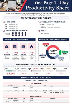 One page 1 day productivity sheet presentation report infographic ppt pdf document