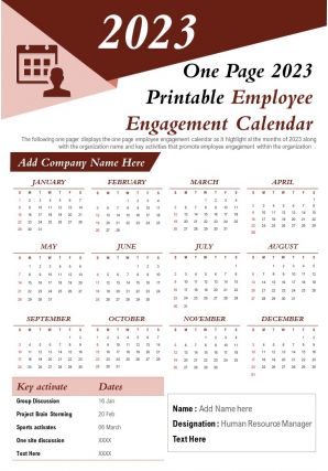 One page 2023 printable employee engagement calendar presentation report infographic ppt pdf document