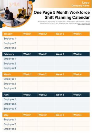 One page 5 month workforce shift planning calendar presentation report infographic ppt pdf document