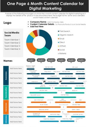 One page 6 month content calendar for digital marketing presentation report infographic ppt pdf document