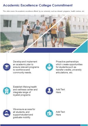 One page academic excellence college commitment presentation report infographic ppt pdf document