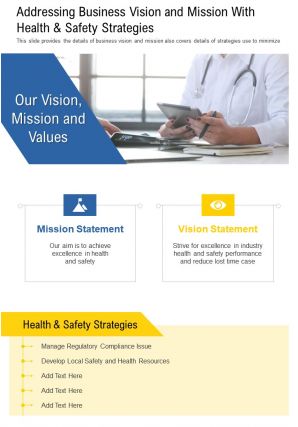 One page addressing business vision and mission with health and safety strategies ppt pdf document