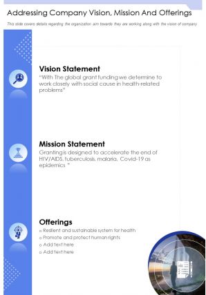 One page addressing company vision mission and offerings presentation report infographic ppt pdf document