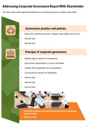 One page addressing corporate governance report with shareholder template 259 ppt pdf document